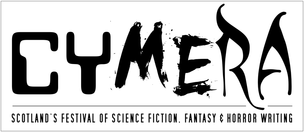 Logo for the Cymera festival with big bold CYMERA word, in a mix of sort of scifi, horror and fantasy letter design. Below it are the word's (in capitals) Scotland's festival of science fiction, fantasy & horror writing.