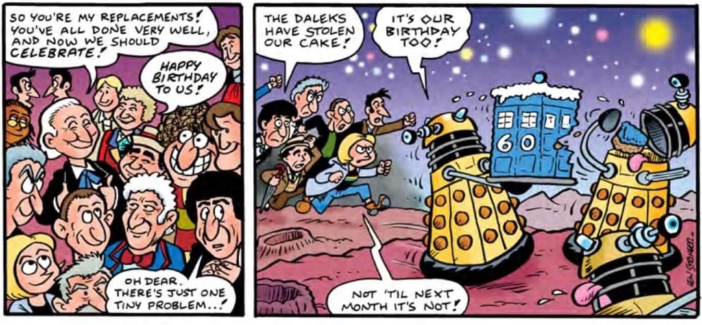 Doctor Who @ 60 comic, with the Daleks running off with the TARDIS birthday cake. Comic by Lew Stringer.