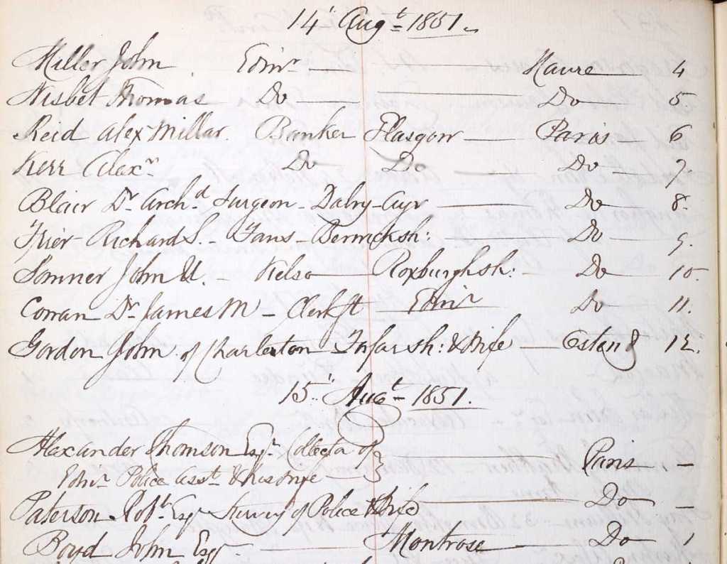 A portion from the handwritten passport page, including passports issued on 14th August 1851. For each person their name is given, a brief address, and where they are off to. Plus a number. So e.g. "Somner John U - Kelso Roxburghsh:, Do [Paris]" and "Frier Richard S. - Fans Berwicksh:, Do [Paris]".